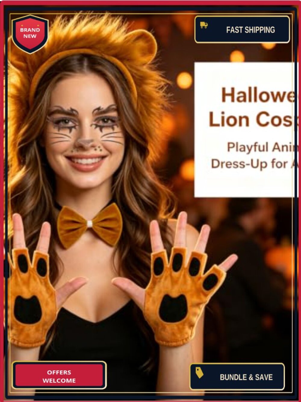 5 Piece Lion Costume Set for Women Halloween Accessory Kit - Picture 2 of 6
